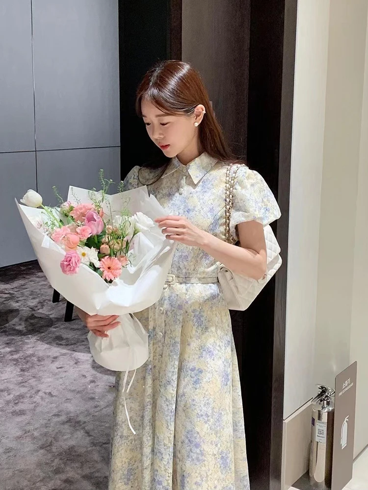 

Retro Embroidered Hook Flower Dr Women's Summer New Sle Ele Youthful High Waist Slimming Long Dr with Belt