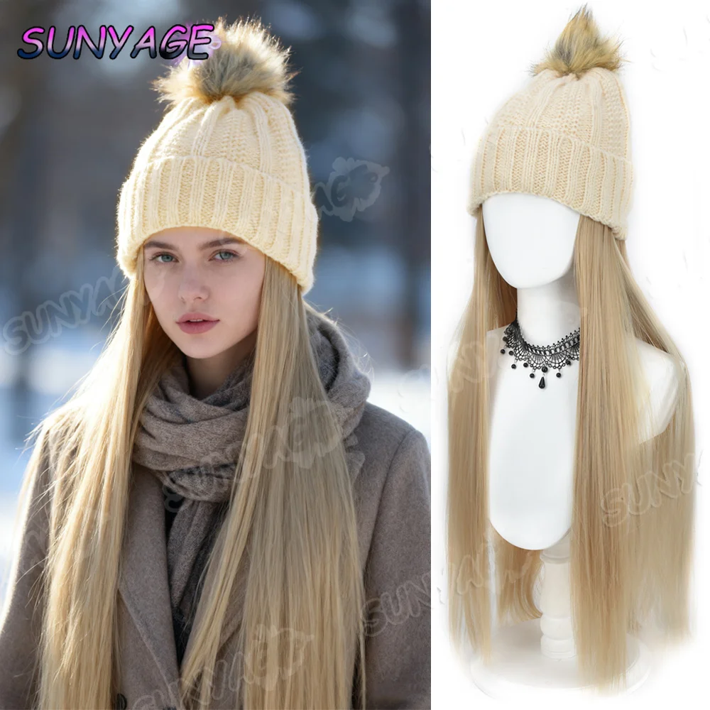 

SUNYAGE Straight Hat wigs Cap with Hat Wig Golden Straight Connect Synthetic Hair Women Warm Plush Knitted Autumn Winter Cap