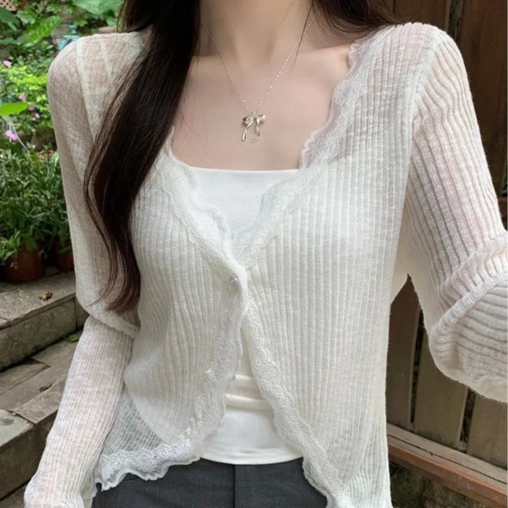 

Модный укороченный топ с кружевной отделкой, V-образным вырезом и длинными рукавами, дышащий тонкий кардиган для защиты от солнца, для путешествий