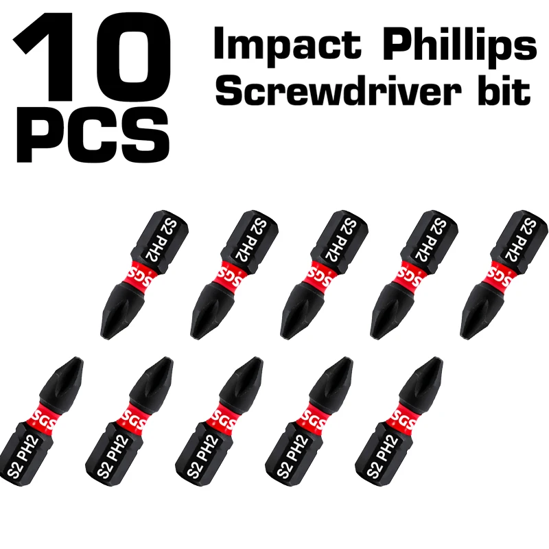 10-Piece Set of S2 Steel Ph1/Ph2/Ph3 Phillips Screwdriver Bits, 25mm Short Industrial-Grade, Suitable for Impact Drivers, High Hardness Repair Accessories