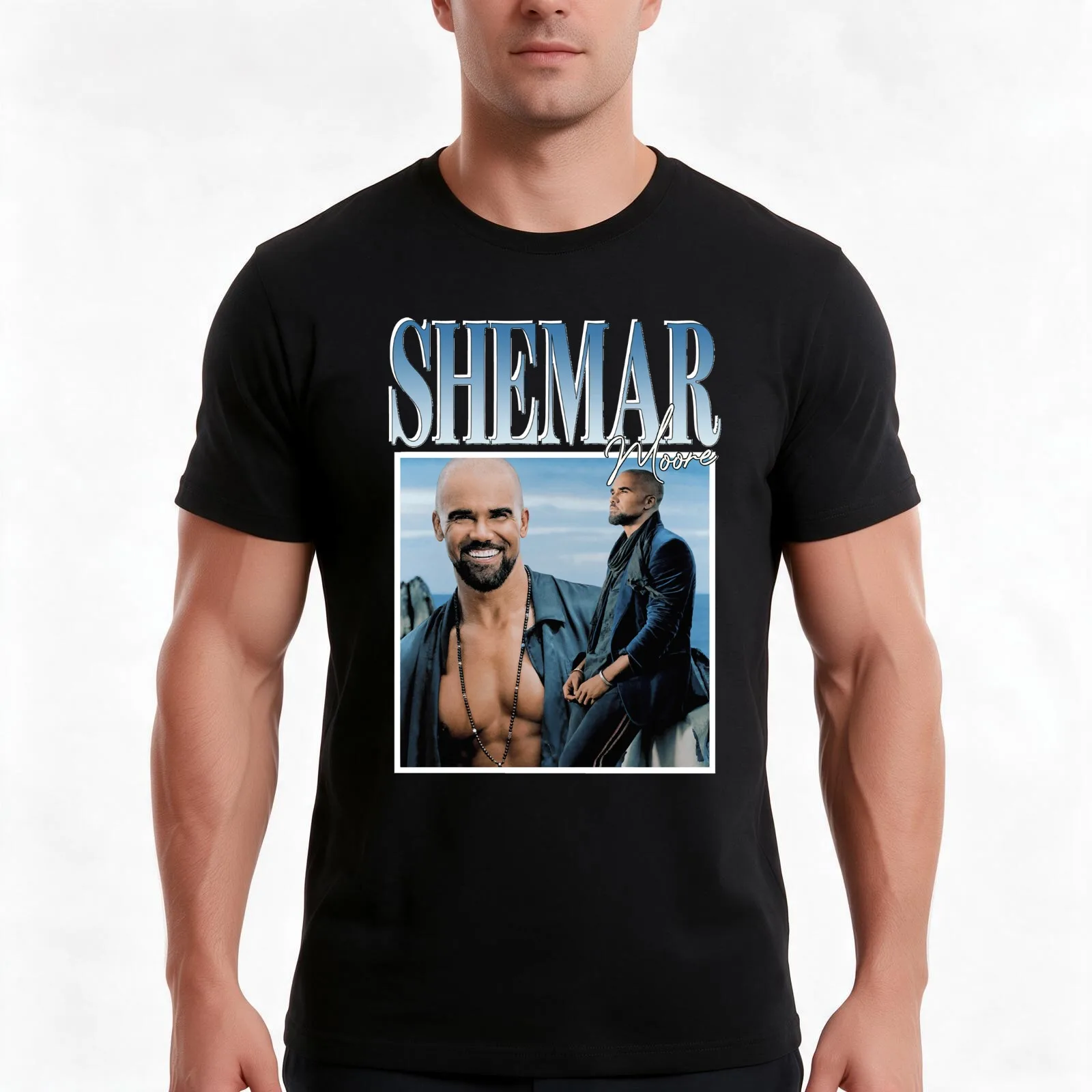 Shemar moore T-Shirt, Summer Casual Cotton Tee, Oversized Streetwear Tops, Vintage Graphic Print, Loose Fit Short Sleeve