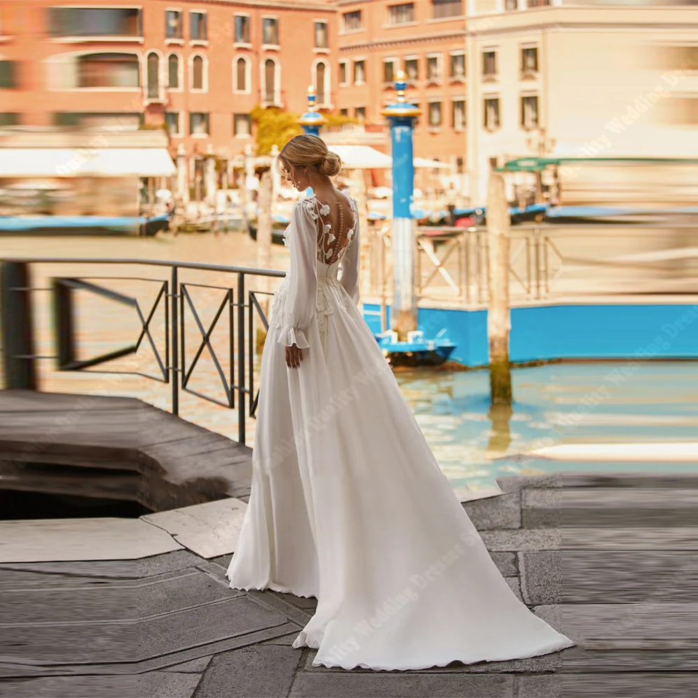 Eleganti abiti da sposa da donna a-line a maniche lunghe abiti da sposa Sexy con scollo a v lunghezza di lavaggio palla di fidanzamento Vestidos De Novia 2024