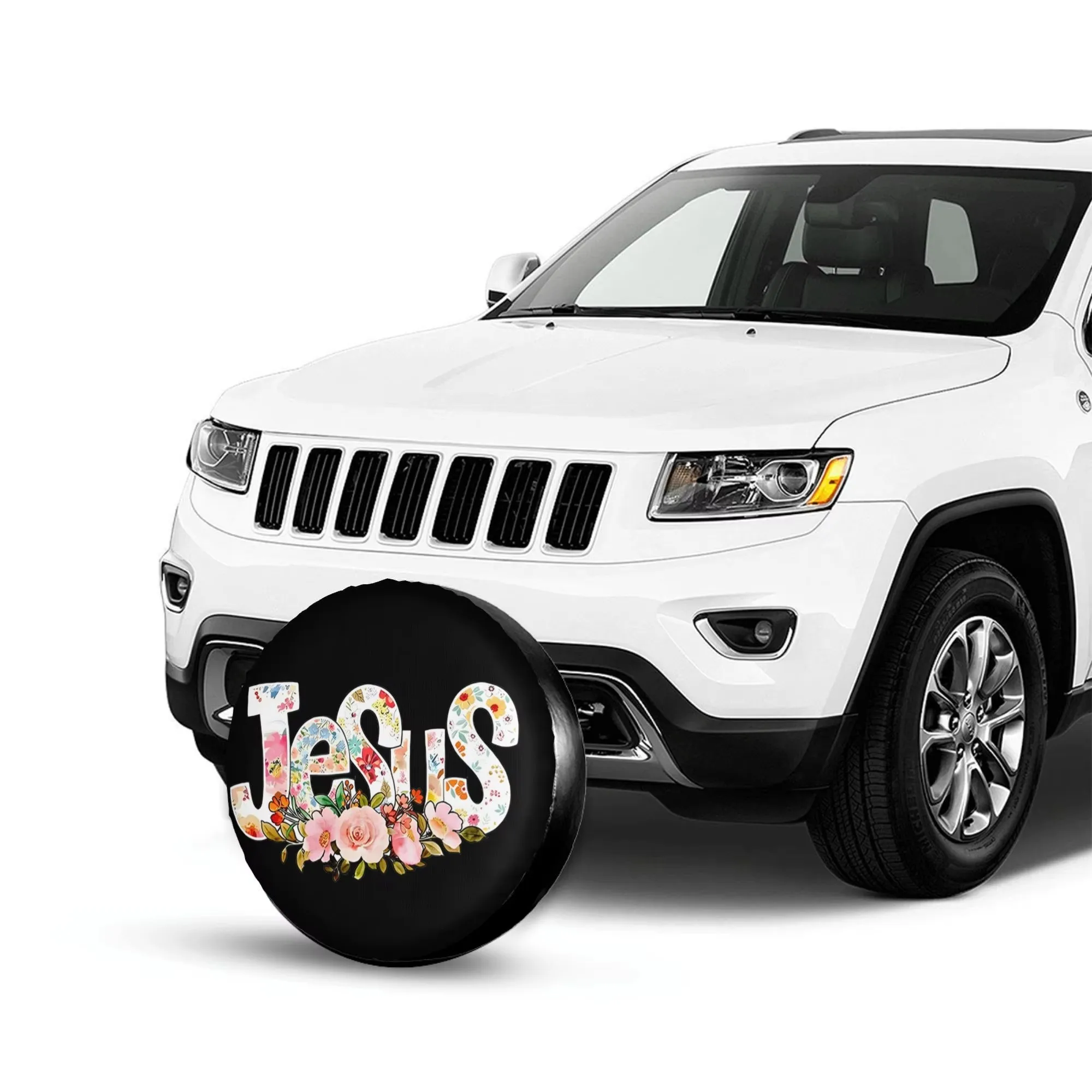 Floral Jesus Lettering Car Spare Tire Cover for 14-17 Inch Tires, SUV Truck Trailer Spare Tire Protection