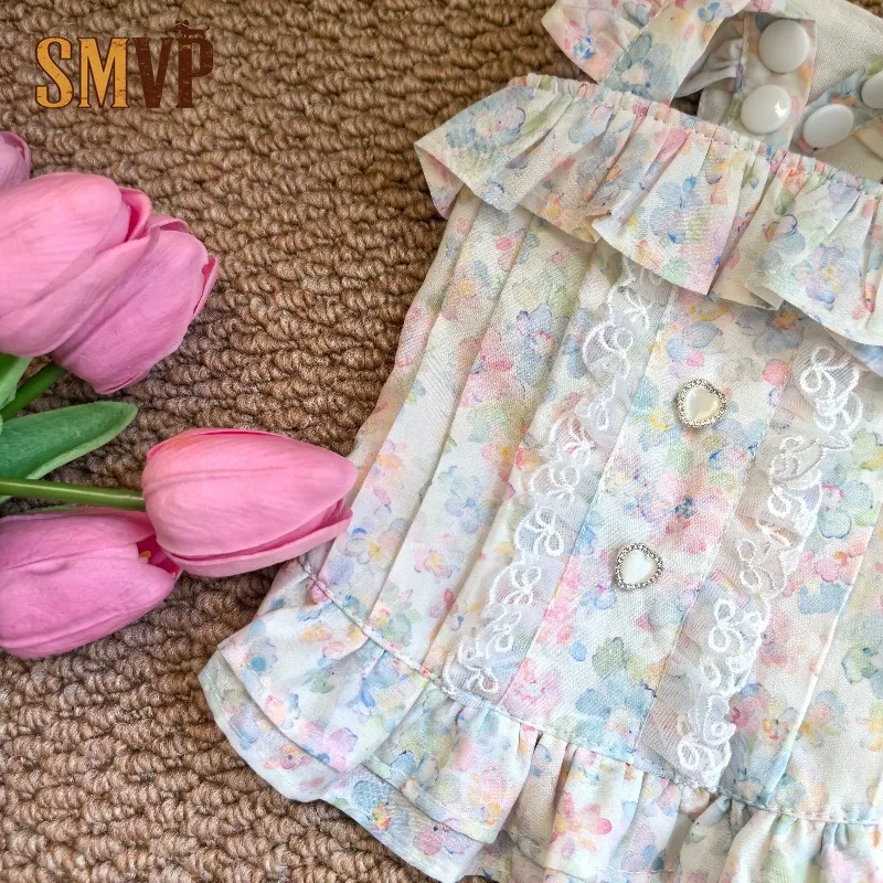 Pastel Floral Pet Cami Dress Ruffle Shoulder Bow Lace Trim Heart Button Thin Breathable Spring Summer Small Pet Outfit Clothes