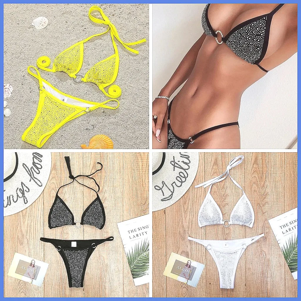 

Sexy Rhinestone Bikini Set for Women, Shining Halter Two Piece Swimsuit Micro Bather