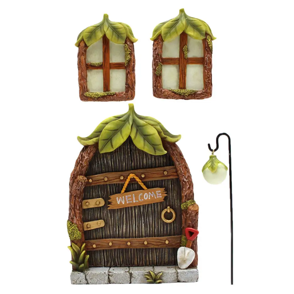 Mini Resin Luminous Fairy Door and Window Scene Decor Courtyard Garden Tree Hanging Christmas Ornament Outdoor Lighting