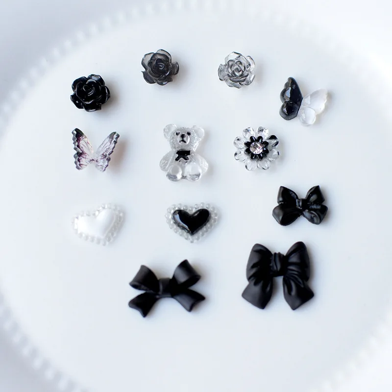 

10pcs Professional Supply Kawaii 3D Black Color Bow Flower Bear Love Heart Small Resin Nail Art Accessories Decoration Charms