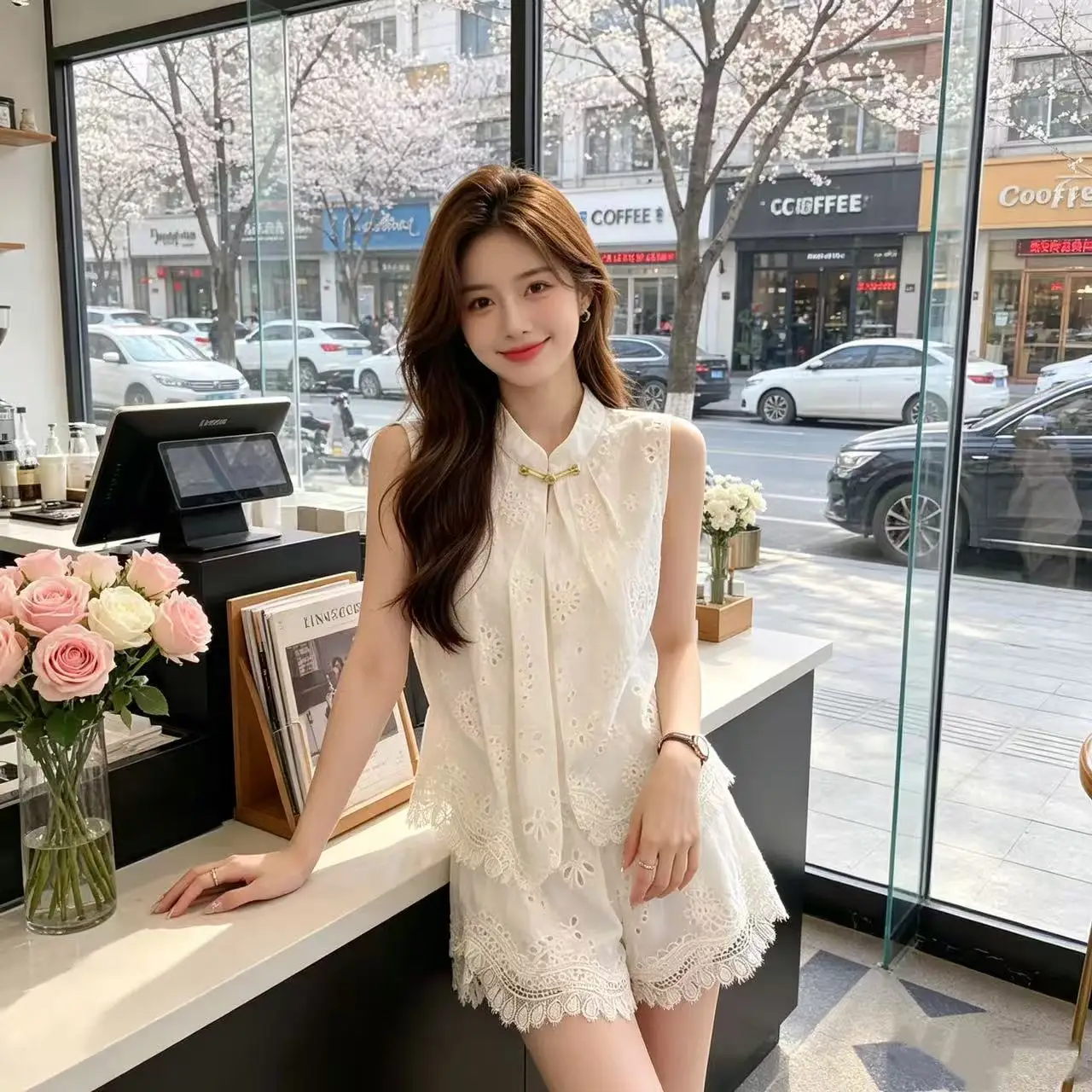 

New Chinese Style Lace Hook Flower Hollow out Sleeveless Women's Shirt Summer Slimming Breathable Cotton Polyester Blend