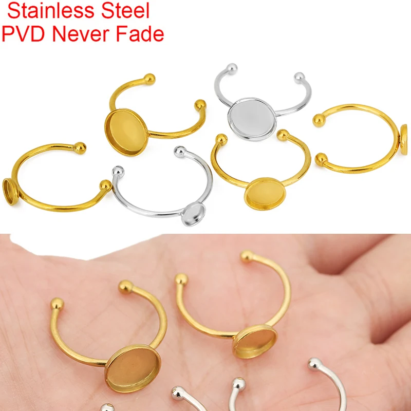 5pcs Stainless Steel Ring Settings Cabochon Tray Adjustable 5 6 8 10 mm PVD Never Fade Cameo Base For Jewelry Findings Making