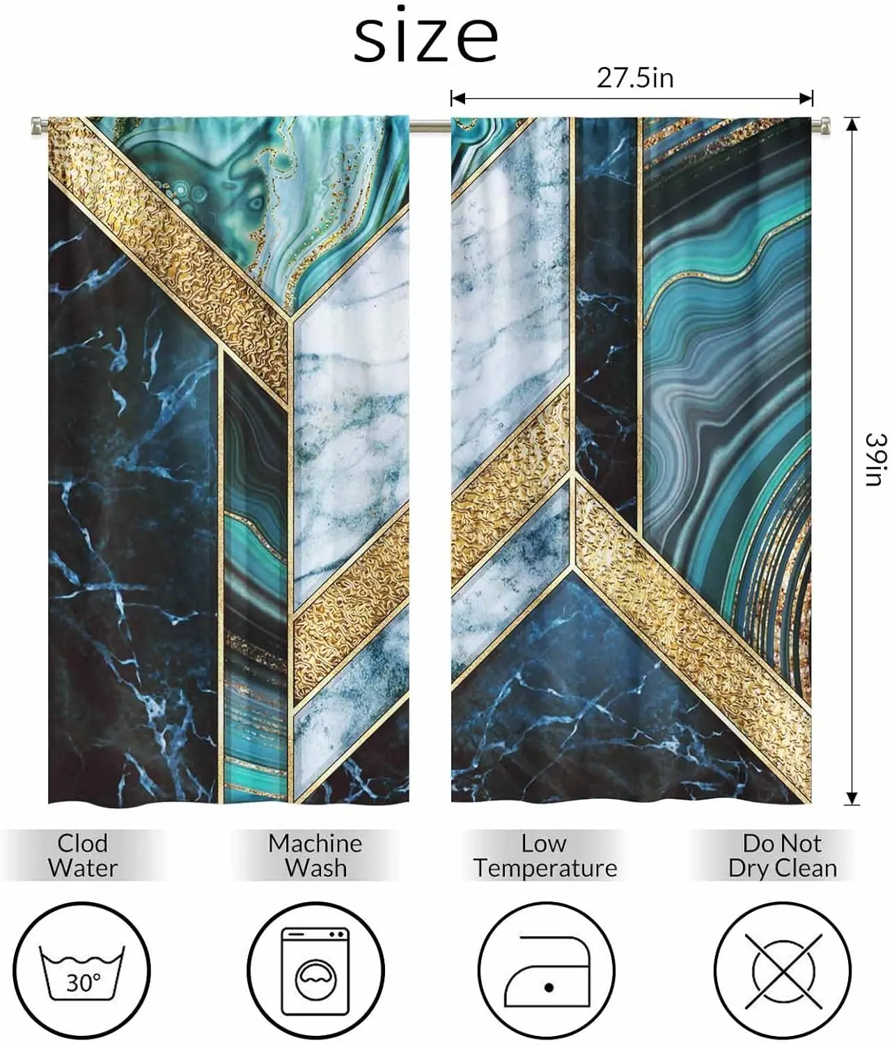 Modern Marble Kitchen Curtains Green and Gold Geometrical Fashion Marbling Short Tier Curtains for Bathroom Cafe Small Window