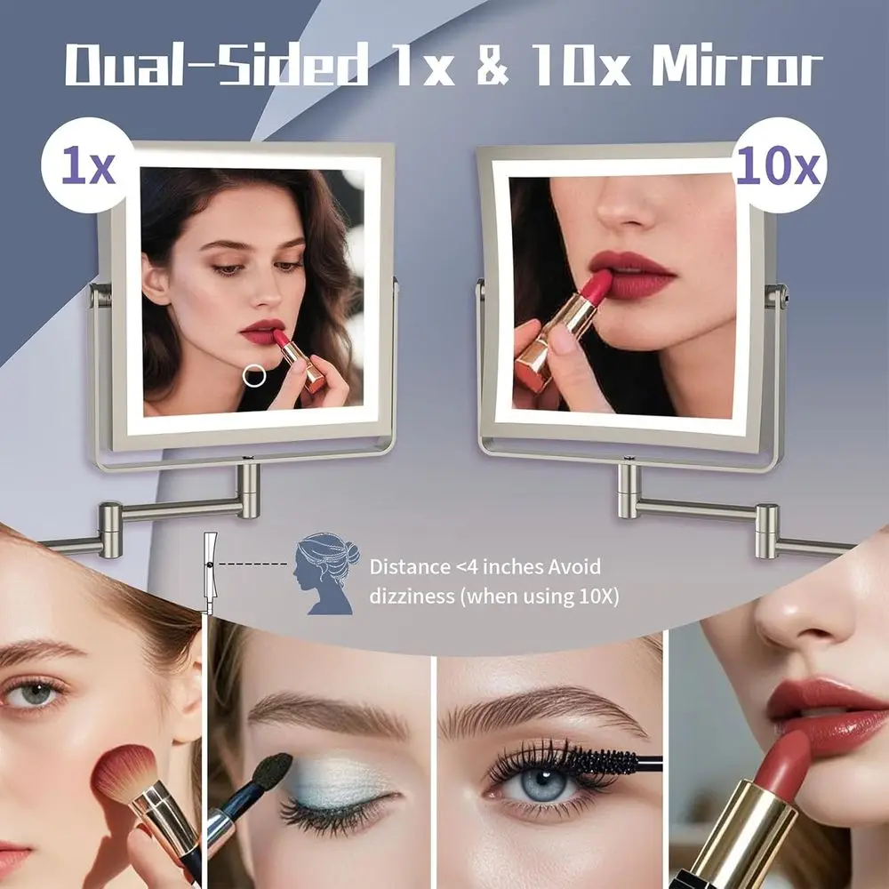 مرآة مكياج مضيئة بإضاءة LED على الوجهين، قابلة لإعادة الشحن بقدرة 4000 مللي أمبير في الساعة، تكبير 1X/10X، قابلة للتعتيم باللمس 360 درجة ° ذراع دوار للخفافيش #4