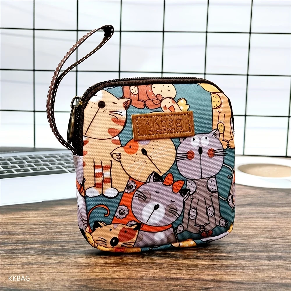 Cat Print Handbag—Portable Sanitary Napkin Storage Bag, Makeup Bag, Featuring a Playful Cartoon Design, Casual Style, Safe Storage for Daily Essentials, Travel Bag