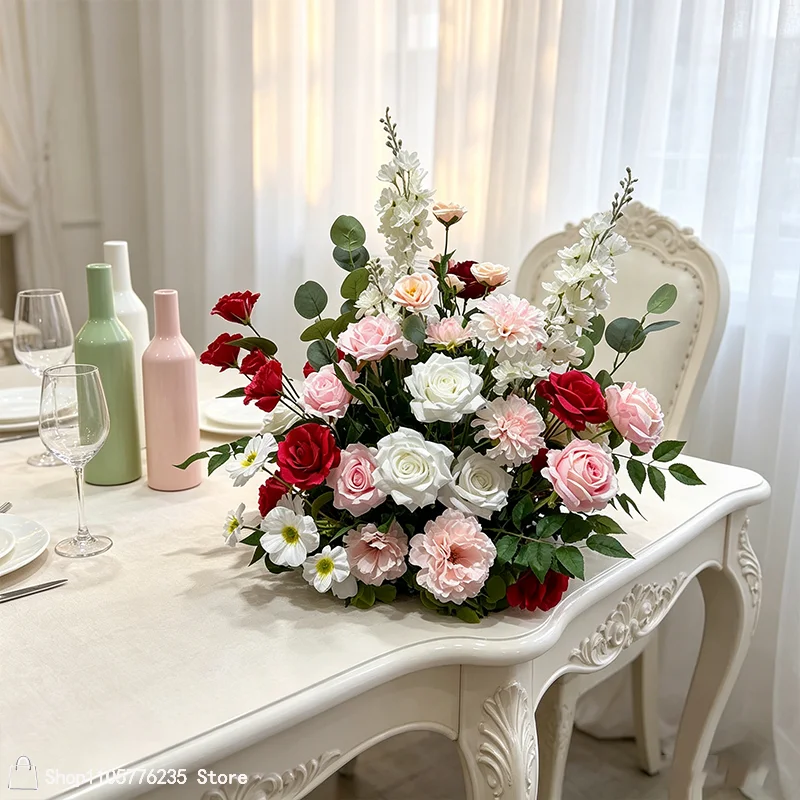 Künstliche rote, rosa, weiße Rosen, Pfingstrosen, Rittersporn, Hochzeitstisch-Mittelstück, Blumenarrangement, Bankett-Esstisch, Heimdekorationsstück – Detail 5