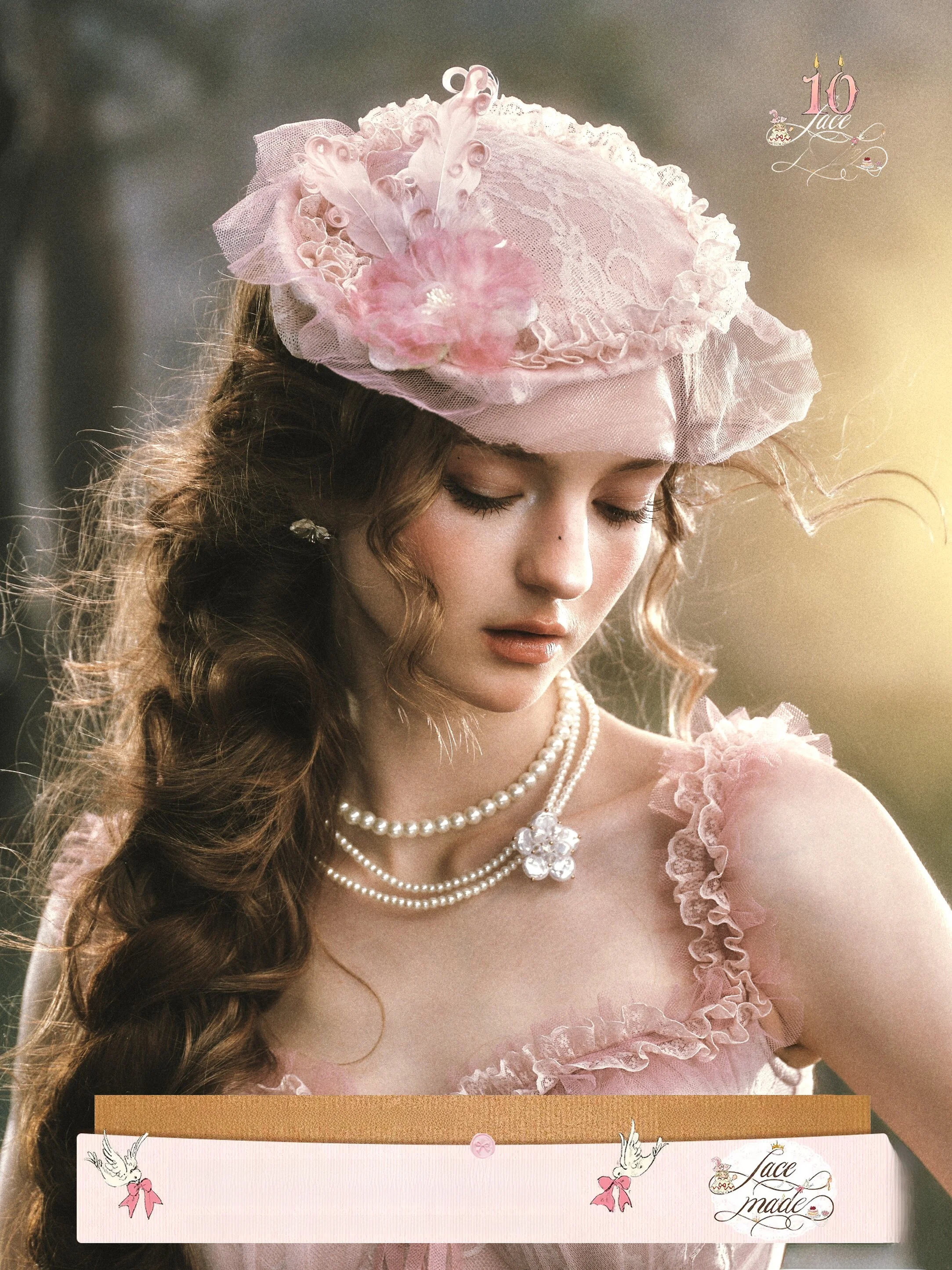 Handmade Lace Feather  Hat Pink Hair Accessory Sweet Female Style round Top Hat Versatile Seasonal Women's Fashion Accessory