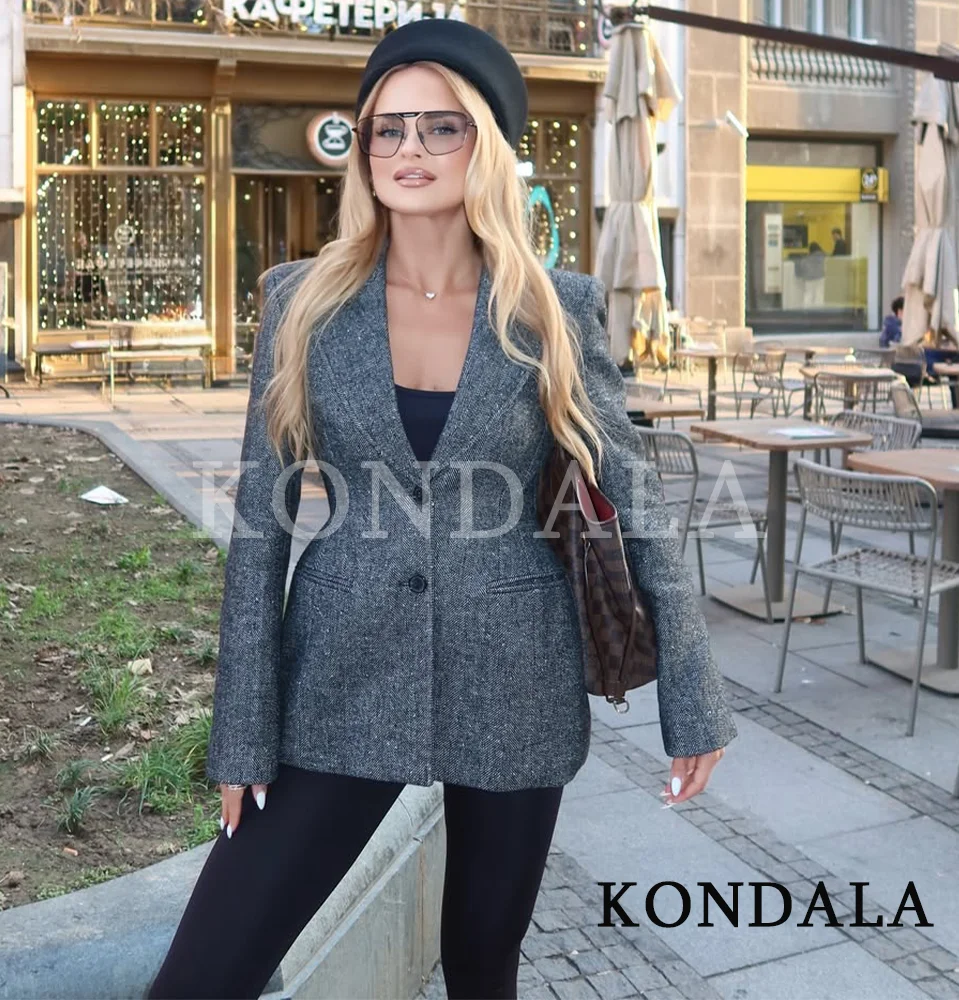

KONDALA осенний модный пиджак для поездок на работу, женский элегантный шикарный пиджак на пуговицах, серый смешанный пиджак 2026, весенняя мода, винтажный повседневный пиджак