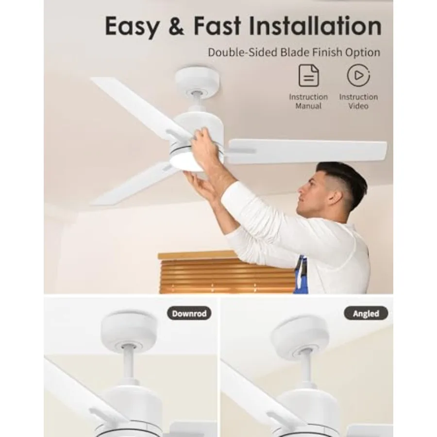 52 Inch White Ceiling Fan with Lights and Remote for Nursery Bedroom Patio, Modern DC Motor, 3 Reversible White/Natural Wood Bl