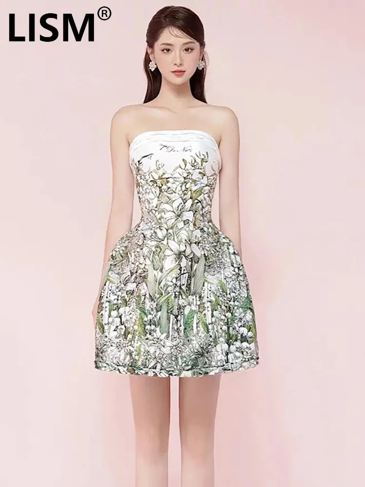 LISM Modisches Damen-Druckkleid, Brustumhüllung, rückenfrei, grüne Blume, Taille, Rückzug, kurze, elegante Partykleider, 2024, Neu