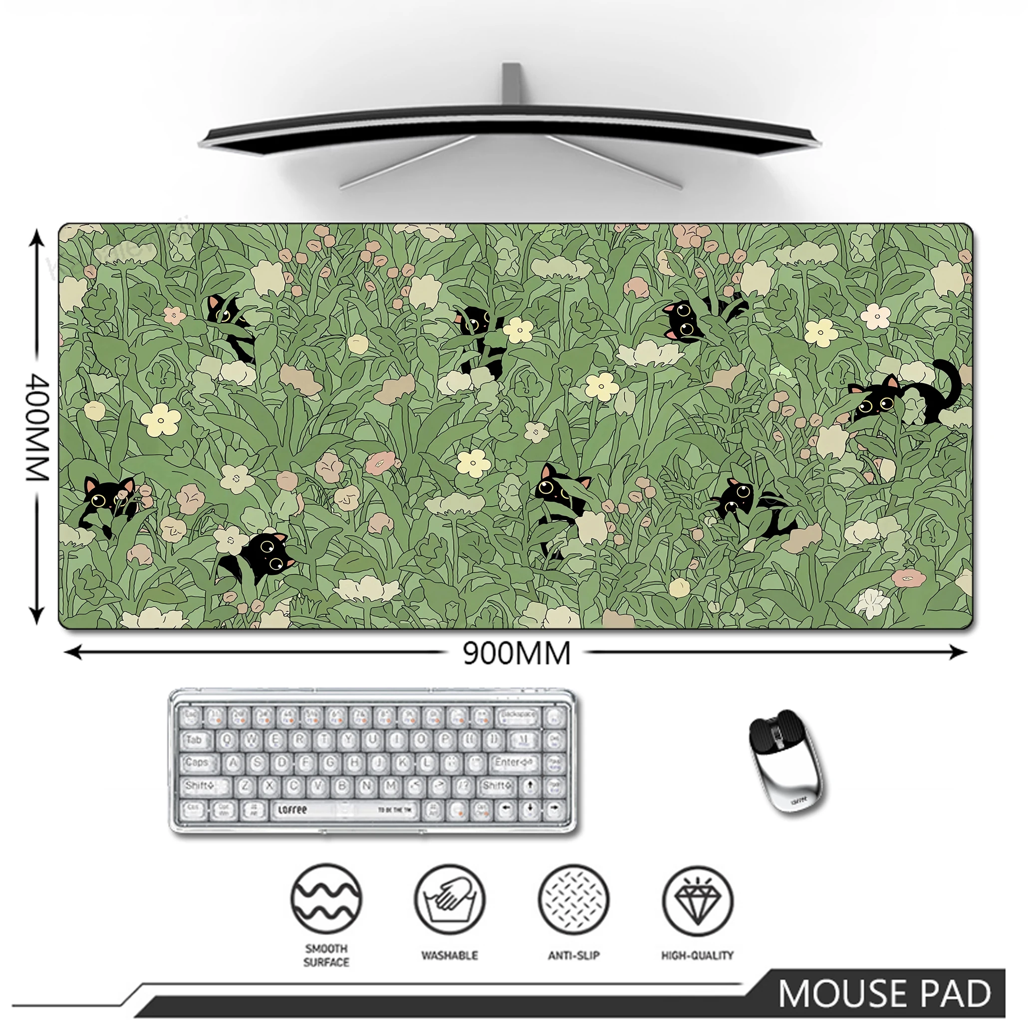 Gaming Mousepad Large Green Plant Mouse Pad Keyboard Mouse Mat Computer Desk Mat Non-Slip Rubber Base Stitched Edge 900x400mm