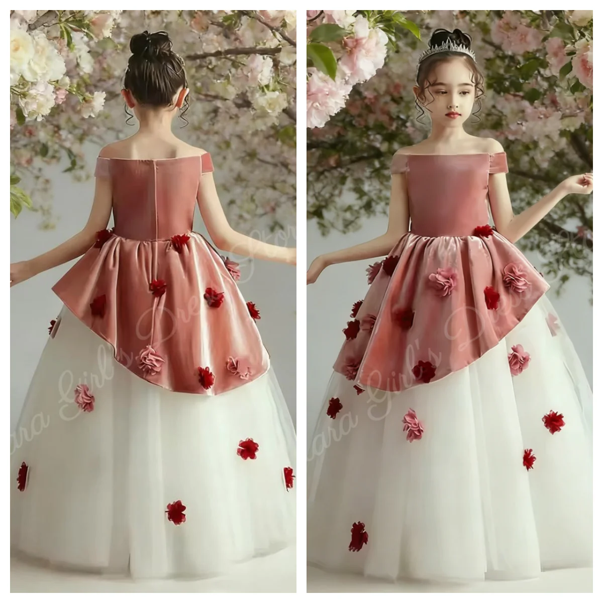 

Girls Off Shoulder Floral Wedding Bridesmaid Dress with 3D Flowers Elegant Flower Girl Dress Holiday Party Girls Clothing