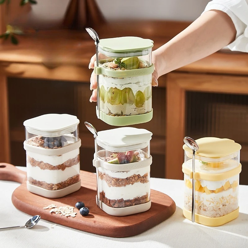 

LTT Milkshake with Lid and Spoon Soaked Cereal Fruit Yogurt Bowl with Strap Portable Glass Breakfast Cup