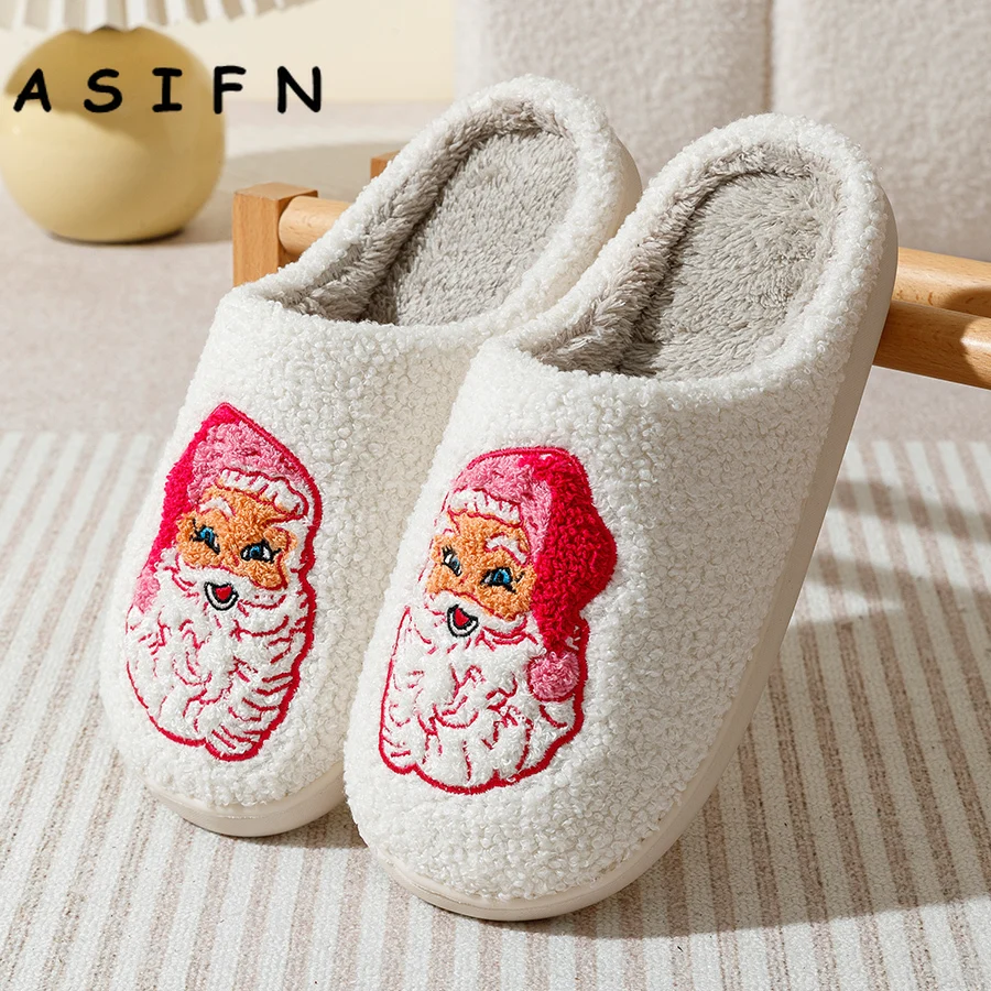 Fashion Winter Christmas Santa Claus Slippers Houseshoes Women Comfy Home Flat Slip-on Bedroom Cute Pink Christmas Party Shoes