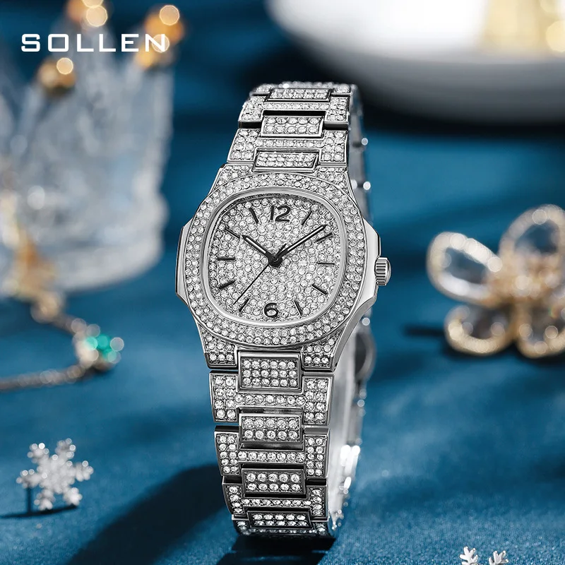 

SOLLEN Brand High-end MIYOTA GL32 Movement Quartz Watch Women Stainless Steel Silver Watch Luxury Full Diamond Wristwatch Women