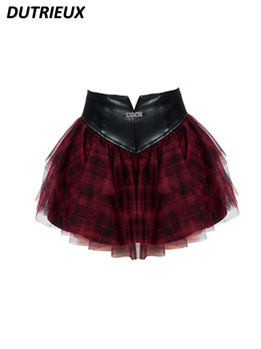 

Summer New American Hot Girl Style Mesh Stitching Red Plaid Short Skirt Retro High Waist Sweet Pleated Miniskirt Mini Skirts