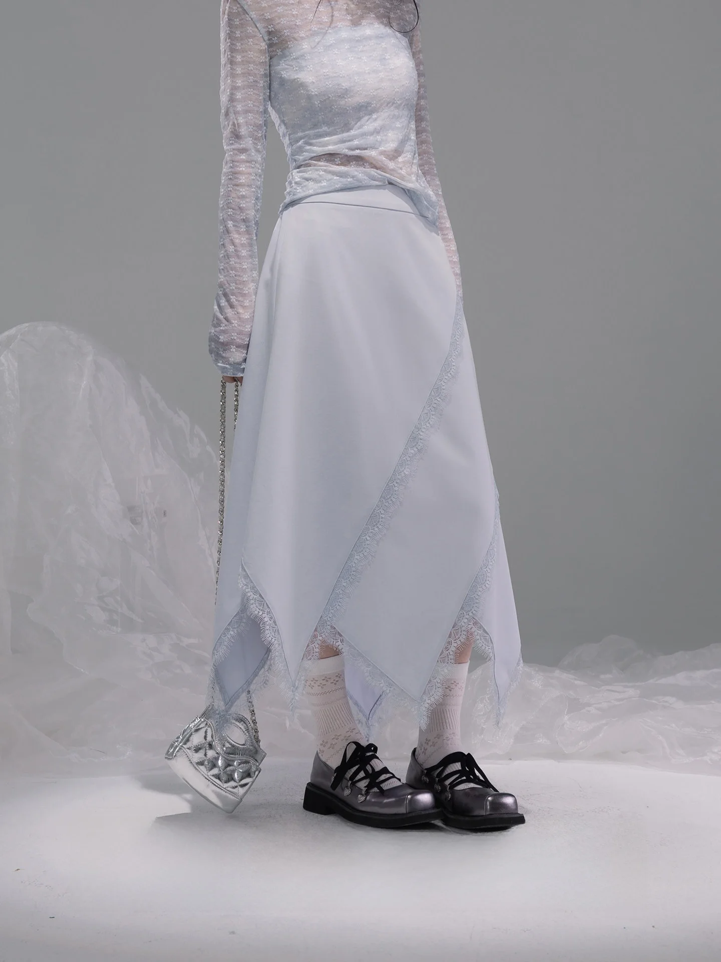 

COTRE Early Spring Cool Tone Shadow Flowing Grey Blue Irregular Lace Splicing Half Skirt Elegant Asymmetric Midi Skirt for Women