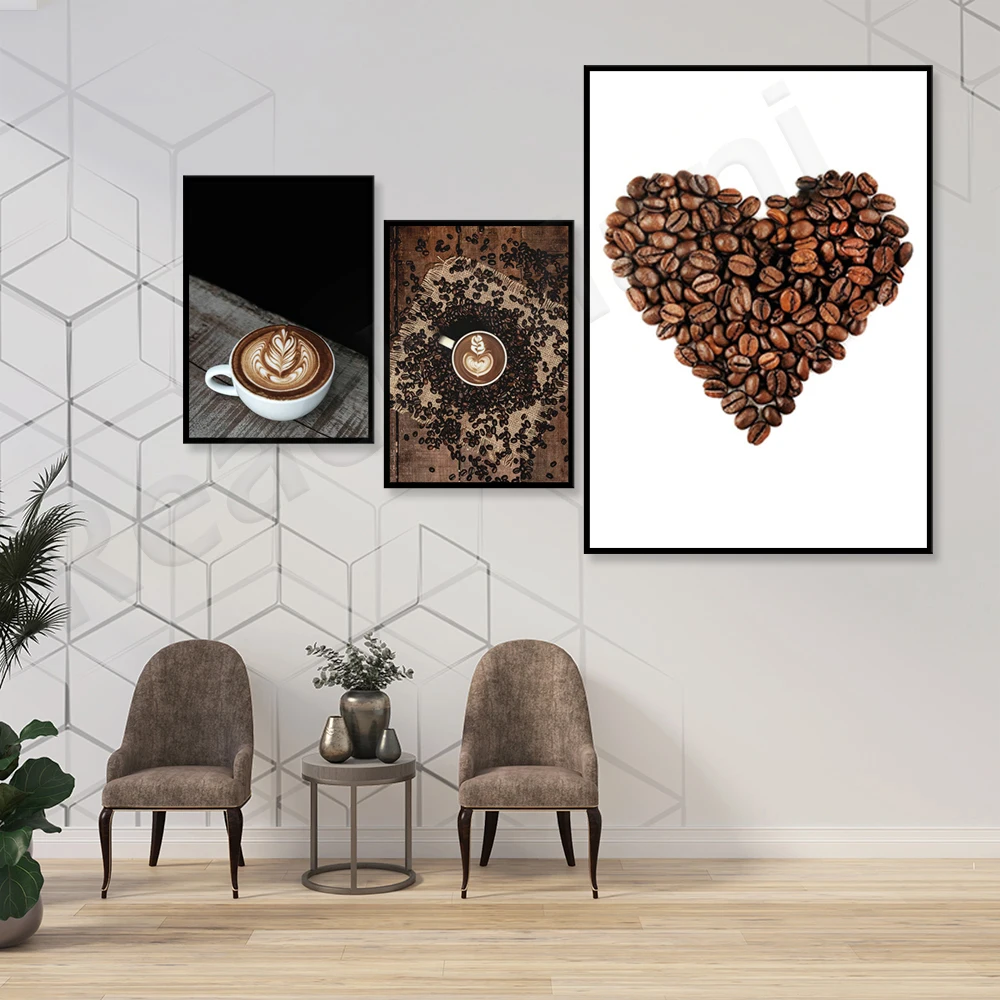Coffee Hearts - Coffee Mugs, Coffee Beans Poster Printing - Cafe Decor, Coffee Posters Coffee Time, Kitchen Wall Decor