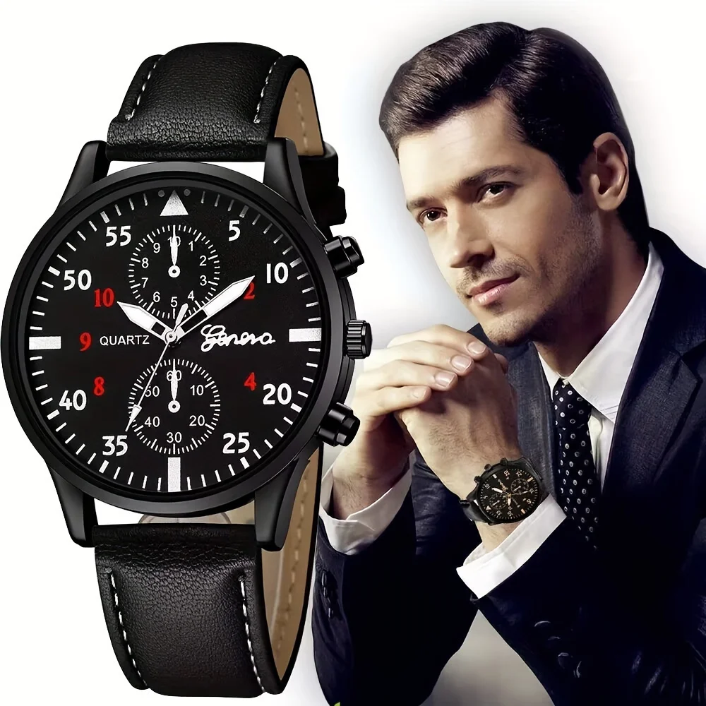 Best Selling Fashion Business Brand Men's Watch PU Leather Quartz Casual Luxury Black Men's Watch Wristwatch