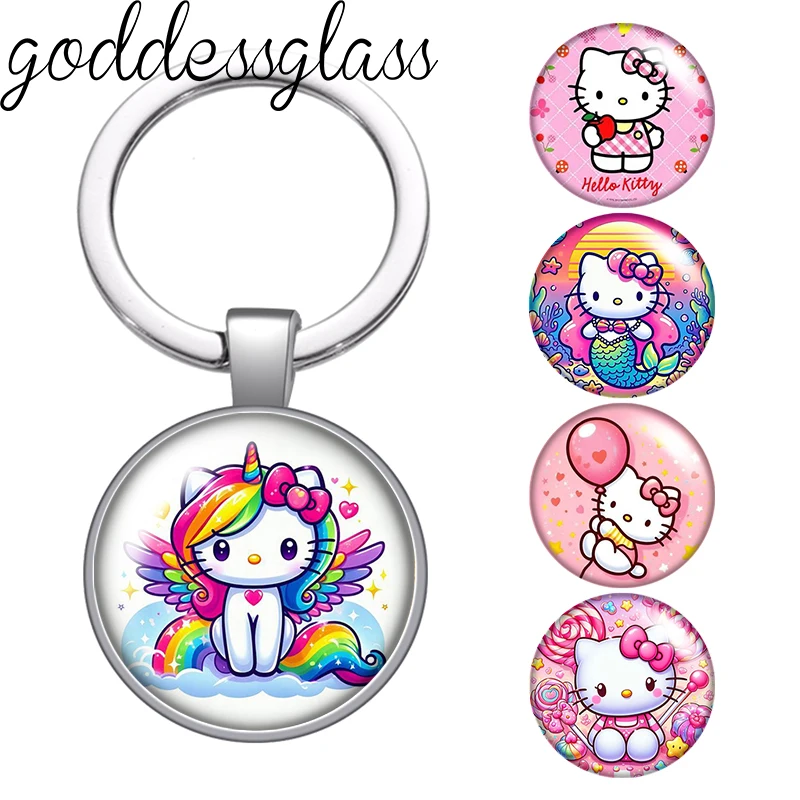 MINISO Hello Kitty mermaid Unicorn kitty photo glass cabochon keychain Bag Car key chain Ring Holder Charms keychains earrings