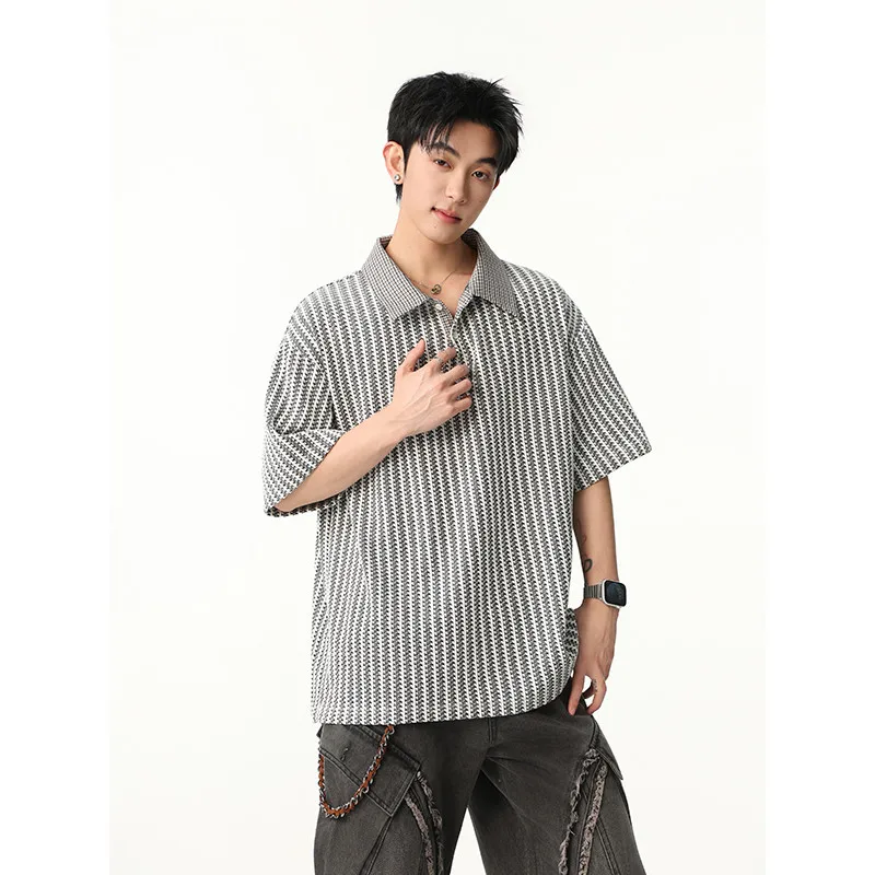 Men's Houndstooth Fishbone Texture Polo Shirt Summer Loose Fit Short Sleeve Top Contrast Collar Casual Streetwear Breathable Tee