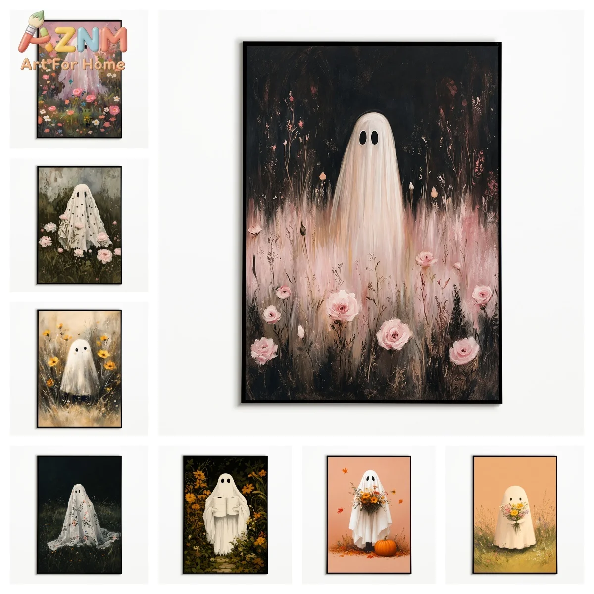 AZNM Vintage Oil Painting Cute Ghost Wildflower Meadow Diamond Wall Art Soft Floral Halloween Gothic Home Bedroom Decor Unfram