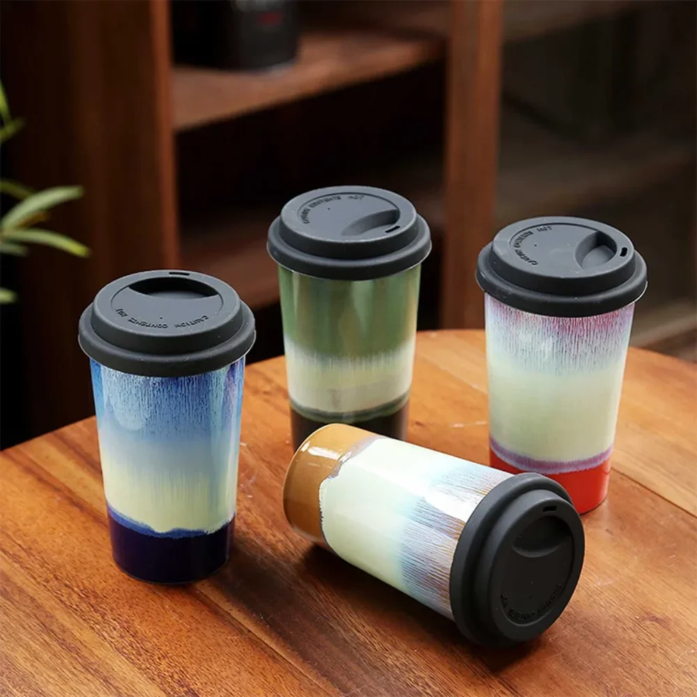 

Ceramic Kiln Coffee Cup Portable Capsule Drink Cup Large-capacity Gradient Cup with Silicone Cover Drinking Utensils 390ml
