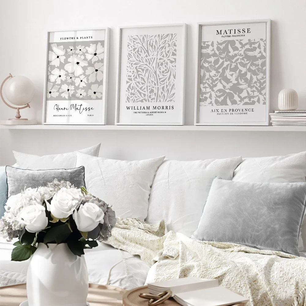 Soft Grey Art Prints Set of 3 Grey Wall Art Henri Matisse William Morris Neutral Wall Decor Living Room Art Prints for Bedroom