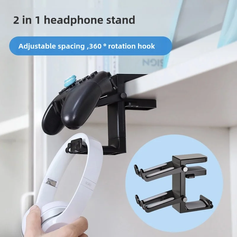 2 in 1 Headphone Stand Above & Under Desk Gaming Headset&Controller Holder Mount Hook with Height Adjustable and Rotating Clamp