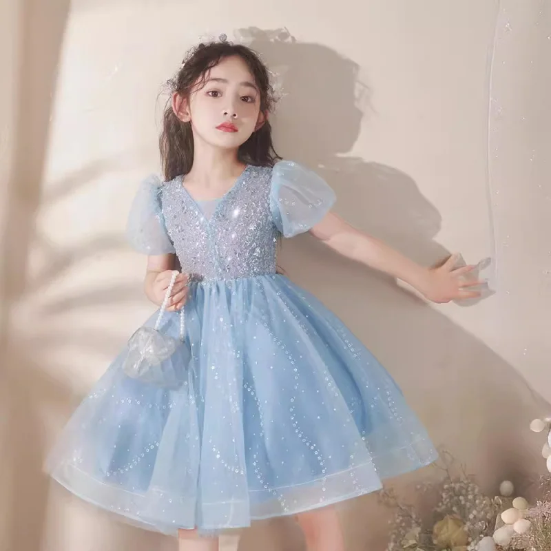 Blue Children's Dress Spring Girls' Mesh Puff Dress Elsa Princess Dress Violin Piano Performance Dress Flower Girl
