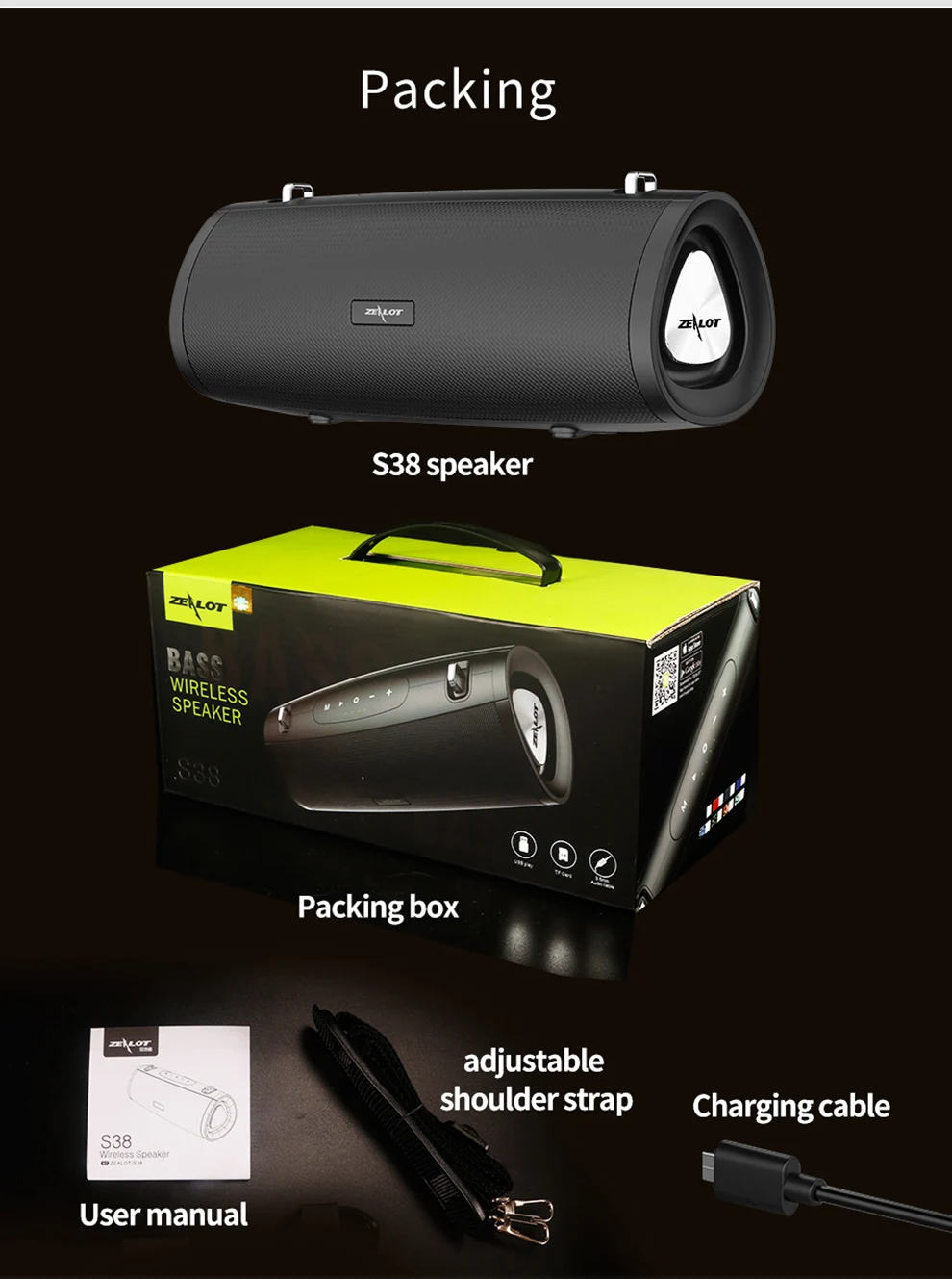 ZEALOT-S38 Tragbarer kabelloser Lautsprecher, Outdoor-Bluetooth-Subwoofer-Lautsprecher 20W, HiFi-Klangqualität, RGB-Beleuchtung, 24 Stunden Spielzeit – Detail 3