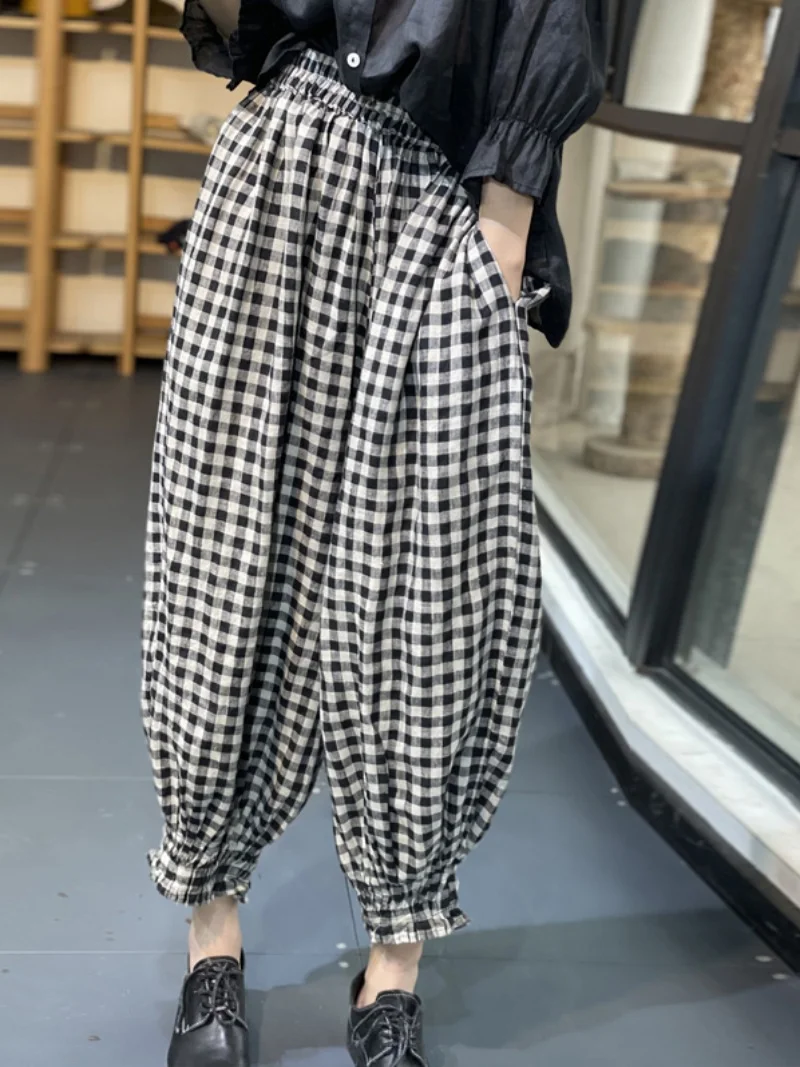 Retro Japanische Sle Bla Weiß Plaid Baumwolle Leinen Laterne Hosen Lose Elastische Taille Vielseitig Harajuku Sle plus Größe Frauen...