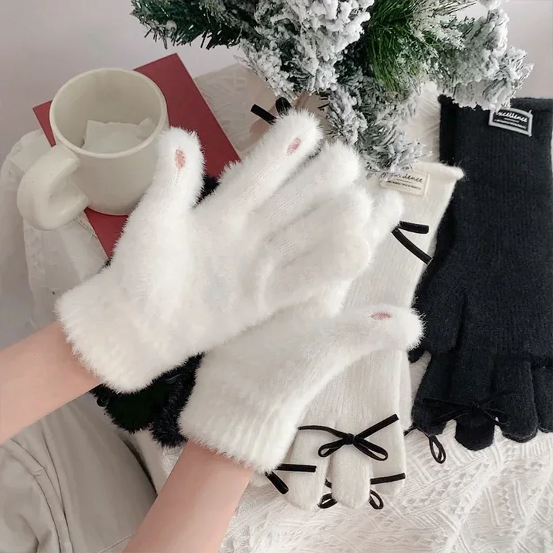 

Y2K Adults Winter Warm Glove Furry Thickened Use Screen Plush Women Lolita Elegant Bow Tie Mittens Accessories New Year Gifts