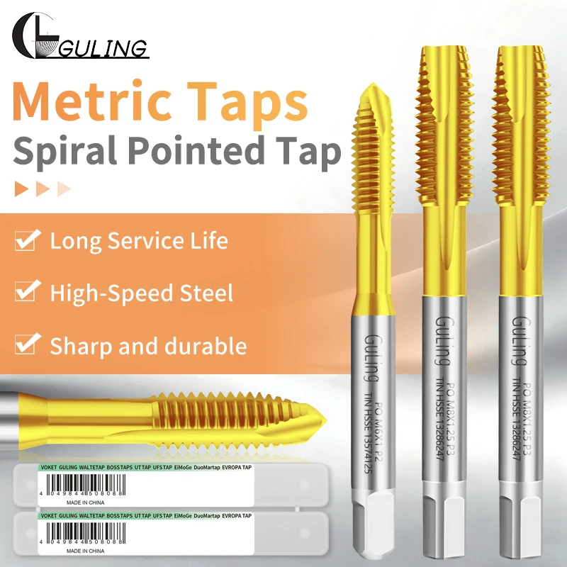 GULING 1PCS HSSE‑M35 TiN Coated Spiral Point Tap JIS Standard Machine Screw Thread Tap M1 M1.2 M1.6 M2 M3 M4 M5 M6 M8 M10 M12