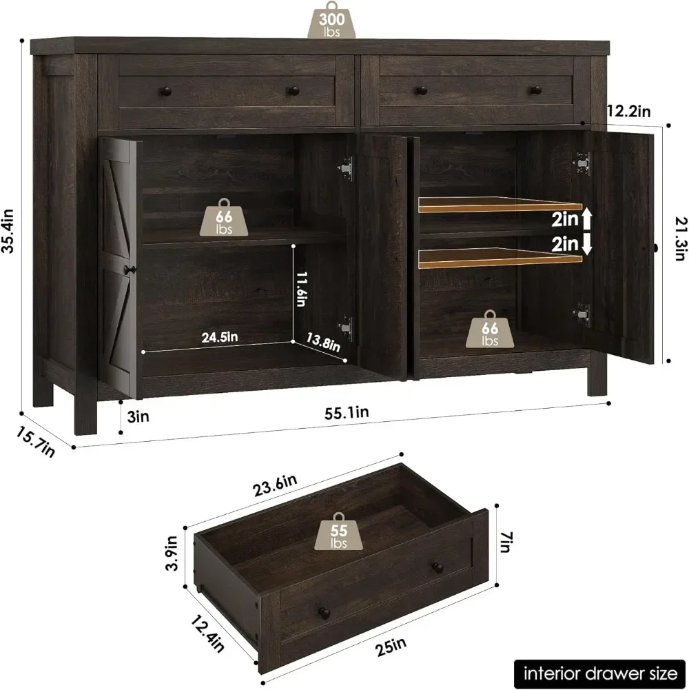 HOSTACK-Armário Buffet com Armazenamento, Armário com Gavetas e Prateleiras, Portas de Celeiro, Modern Farmhouse Coffee Bar, 55"