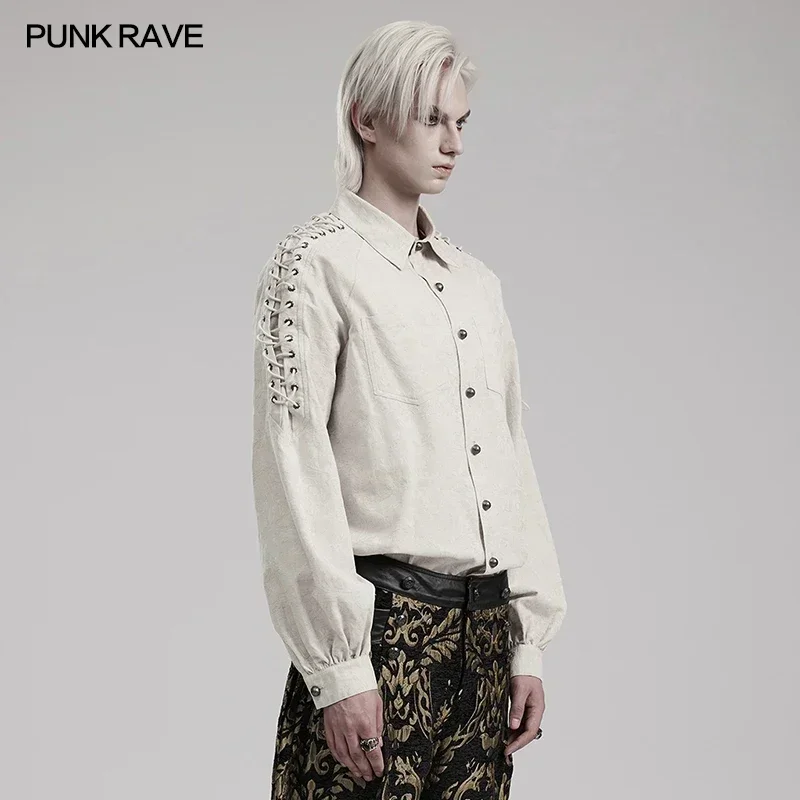 PUNK RAVE Men\'s Gothic Embroidered Woven Shirt Exquisite Hand Sewn Buttons Party Club Casual Shirts Men Clothing 2 Colors