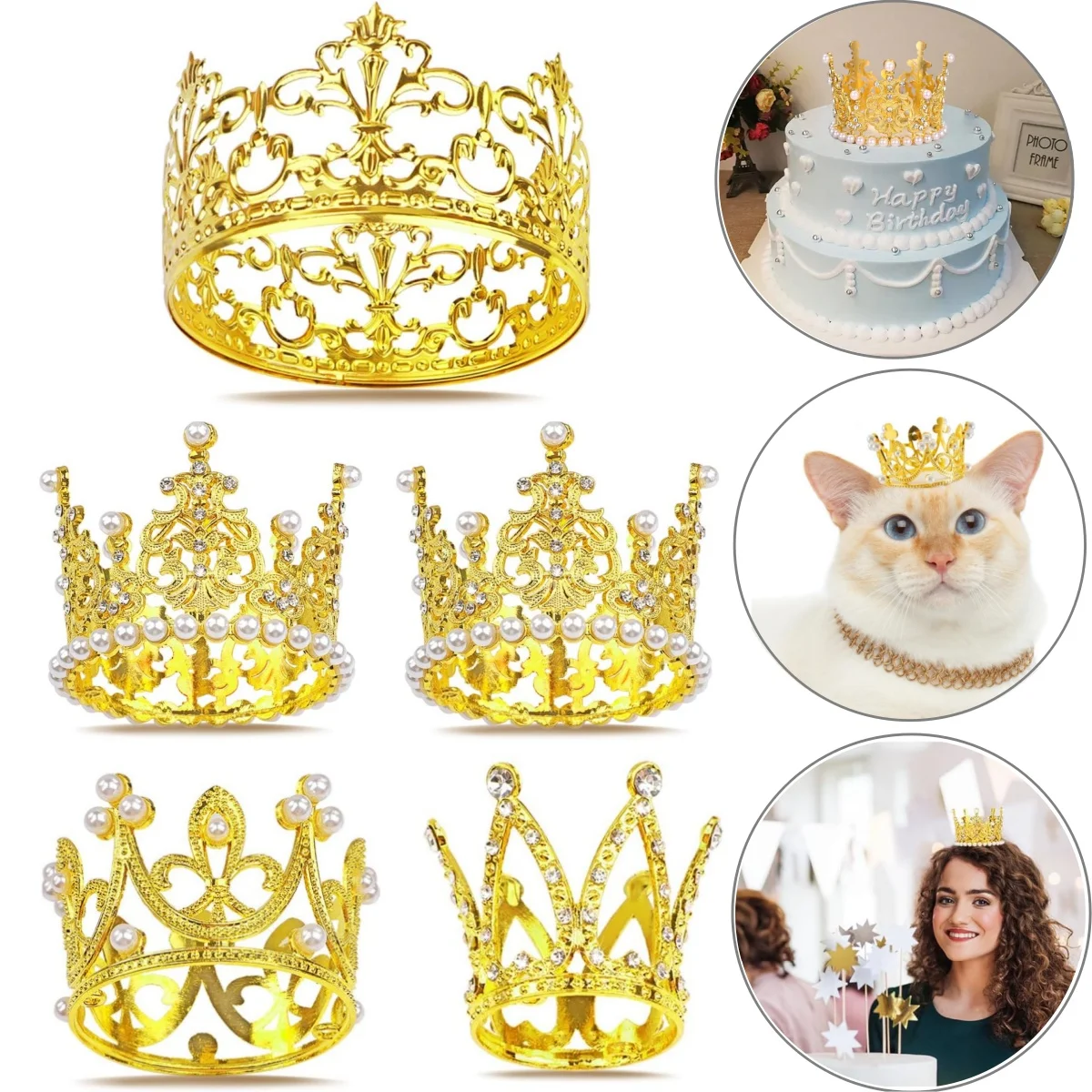 1-8 PCS 4Styles Gold Mini Crown Cake Topper Bouquet Decoration, Crystal Pearl Vintage Tiara Crown for Birthday Wedding Party