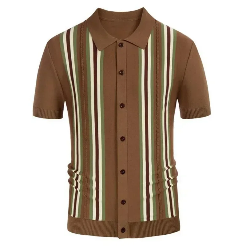 2025 primavera verão masculino manga curta camisas polo de malha magro negócios cardigan camisas streetwear casual topos masculino