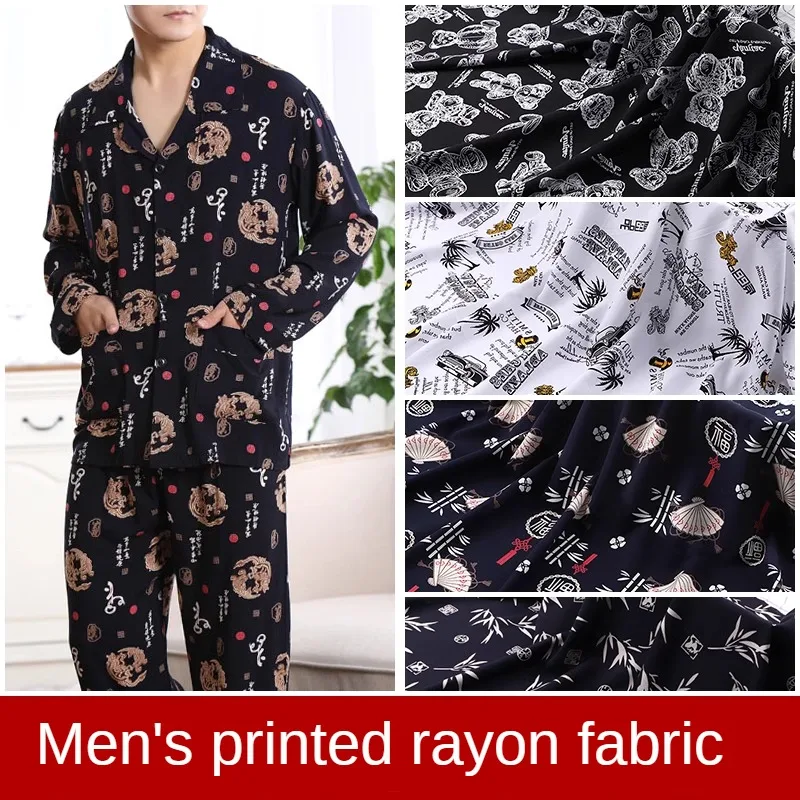 Summer Men\'s Rayon Fabric Thin Breathable By The Meter for Pajamas Shorts Clothing Sewing Cloth Discharge Printing Black White