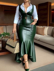 Women Faux Leather PU Ruffled Dress Bodycon Pockets American Retro Irregular Hem Women Casual Leather Dress with Belte 2025
