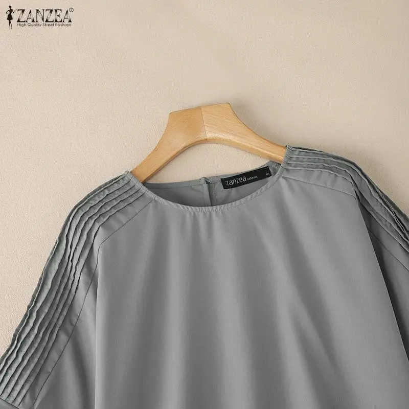 ZANZEA, blusas informales y de día para mujer, blusas de verano con cuello redondo y media manga acampanada, Tops elegantes de diseñador de Color sólido, ropa para mujer