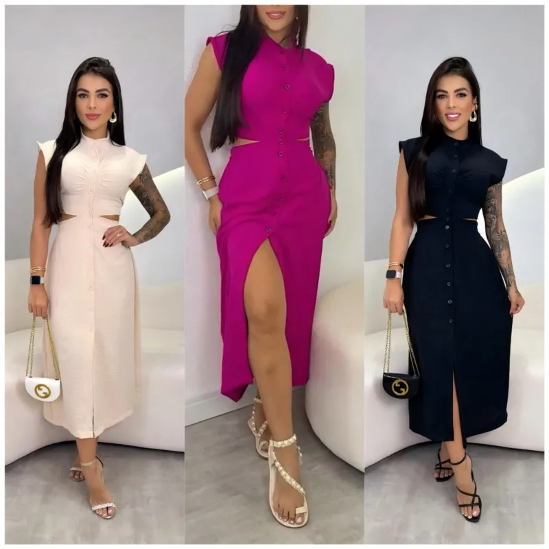 Vestidos largos sexis de verano con cintura calada Woneb 2025, moda nueva sin mangas, vestido camisero con abertura alta, vestido de fiesta elegante para oficina