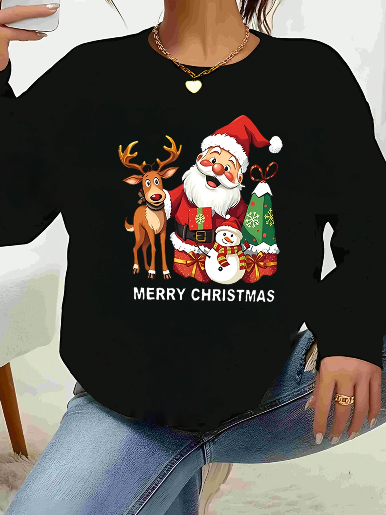سانتا الرنة ثلج طباعة عيد الميلاد طويلة الأكمام تي شيرت عطلة عارضة المرأة الأعلى